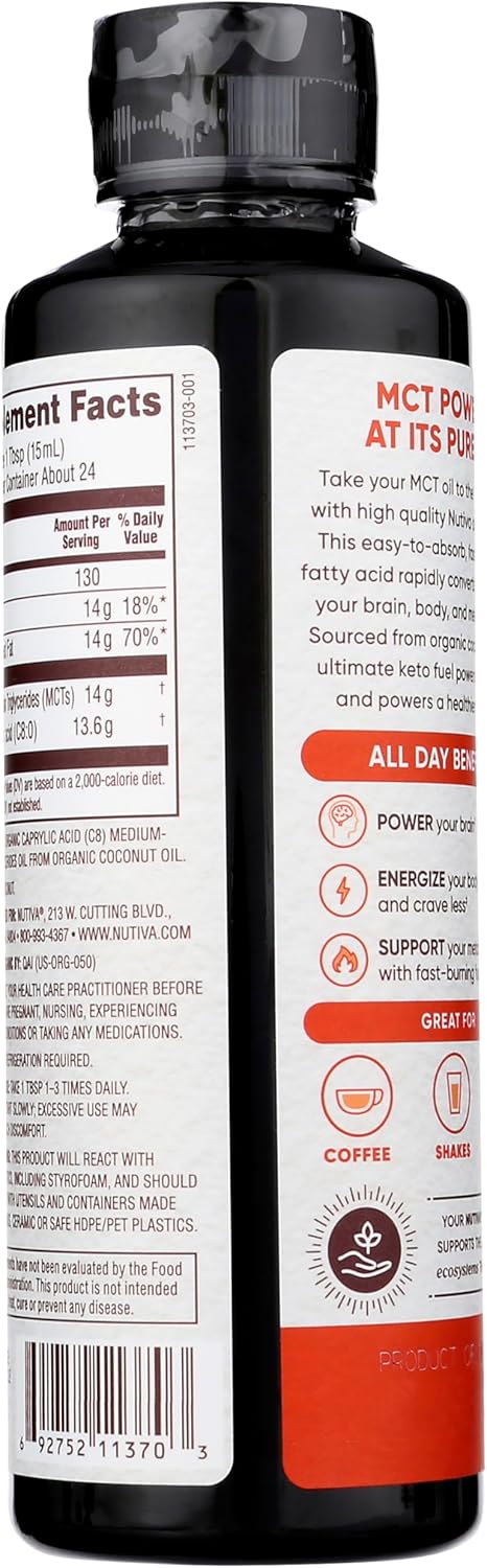 Nutiva Organic MCT Oil C8. 12 Fl Oz. Unflavored Medium Chain Triglycerides from Non-GMO Coconut. Ultimate Keto Fuel, Pure MCT Oil for Coffee, Low Carb, Energy and Metabolism Support