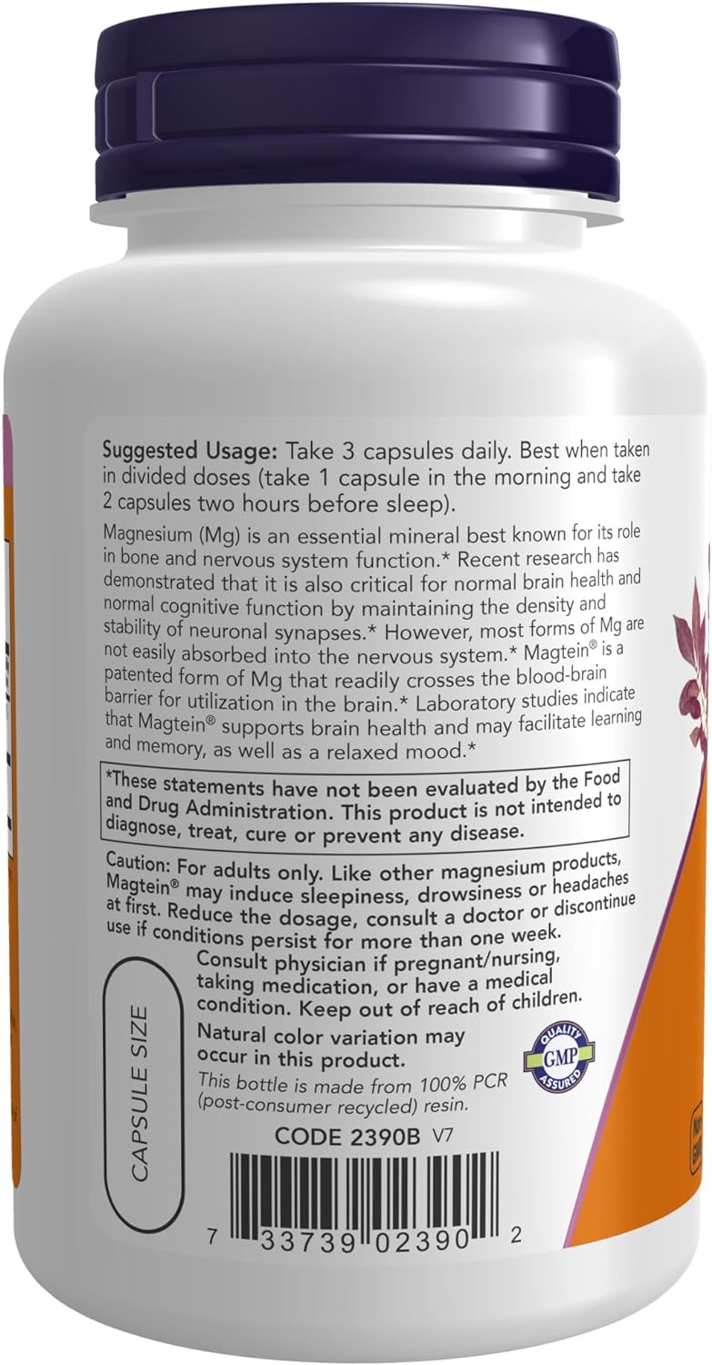 NOW Foods Supplements, Magtein™ with patented form of Magnesium (Mg), Cognitive Support*, 90 Veg Capsules