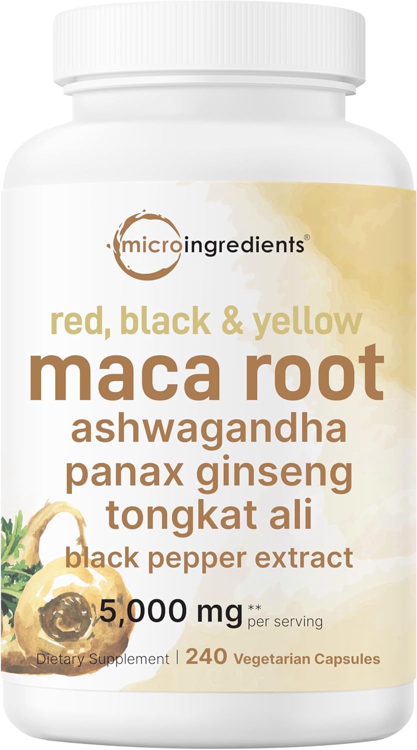 Micro Ingredients Maca Root for Women and Men, 240 Veggie Capsules | Red, Yellow, & Black Maca | with Ashwagandha, Panax Ginseng, Tongkat Ali, & Black Pepper Extract | Non-GMO, Vegan