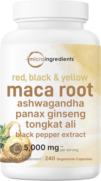 Micro Ingredients Maca Root for Women and Men, 240 Veggie Capsules | Red, Yellow, & Black Maca | with Ashwagandha, Panax Ginseng, Tongkat Ali, & Black Pepper Extract | Non-GMO, Vegan