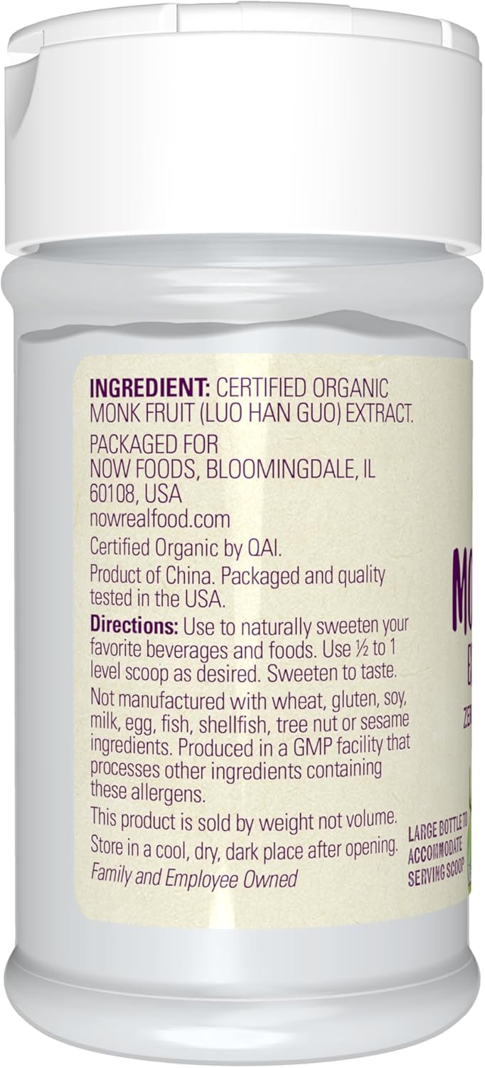 NOW Foods, Certified Organic Monk Fruit Extract Powder, Zero Calorie Sweetener, Large Bottle for Serving Scoop, Certified Non-GMO, 0.7-Ounce