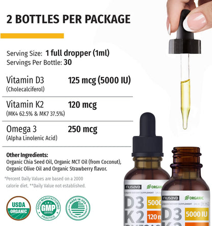 (1 Pack) Organic Vitamin D3 K2 Drops w MCT Oil Omega 3, 5000 IU, Vitamin D Liquid 5000 IU, No Fillers, Non-GMO Liquid D3 for Body’s Defenses & Faster Absorption, Unflavored, 2 Fl Oz Liquid Vitamin D3