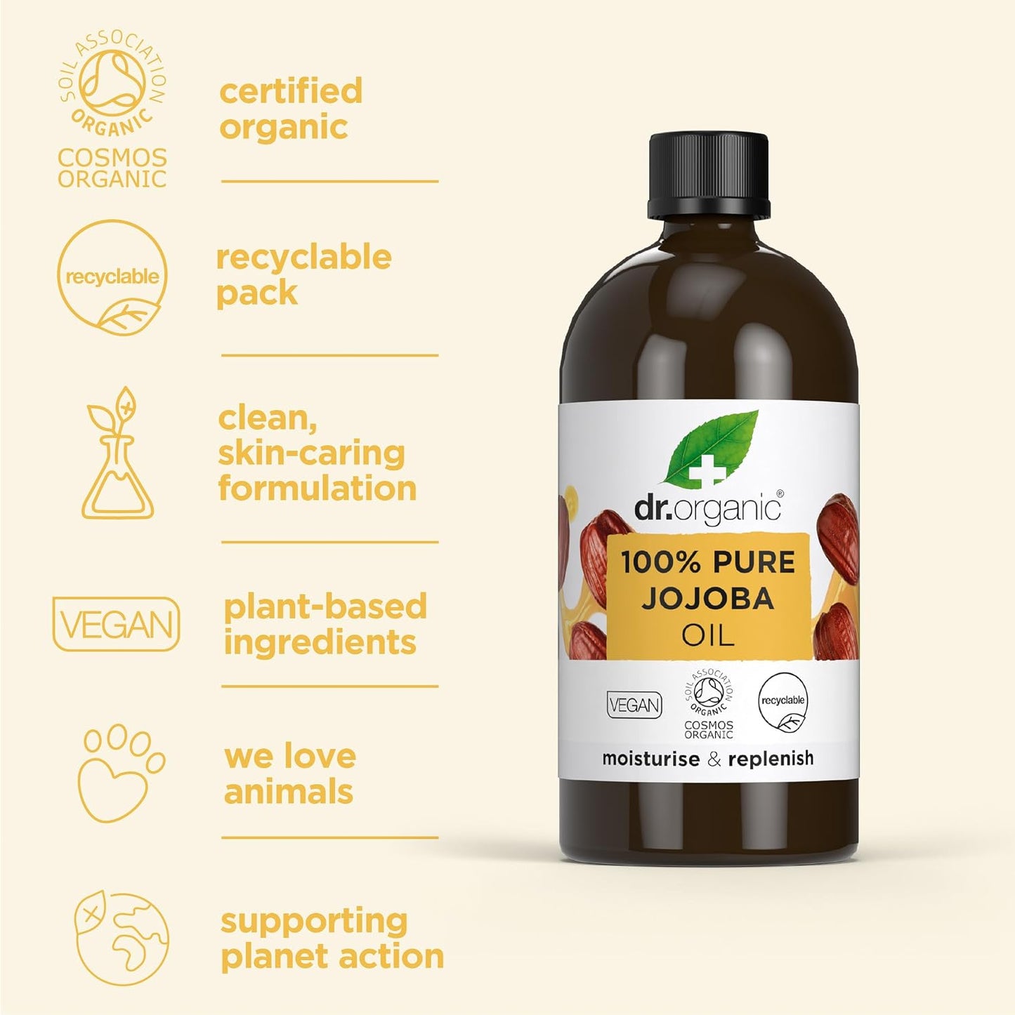 Dr Organic Jojoba Oil, 100% Pure & Natural, Moisturising, Multi Action, Face, Body & Hair, Massage, Carrier Oil, Aromatherapy, Vegan, Cruelty Free, Paraben & SLS Free, Certified Organic, 100ml