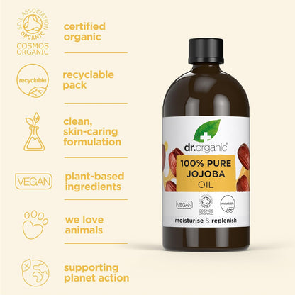 Dr Organic Jojoba Oil, 100% Pure & Natural, Moisturising, Multi Action, Face, Body & Hair, Massage, Carrier Oil, Aromatherapy, Vegan, Cruelty Free, Paraben & SLS Free, Certified Organic, 100ml