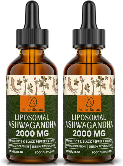 Liposomal Ashwagandha Drops 2000mg, Pure Natural Ashwagandha Extract, Enrich Probiotics & Black Pepper Extract, Stress Relieve Supplements, Increase Energy (60 ml (Pack of 1))