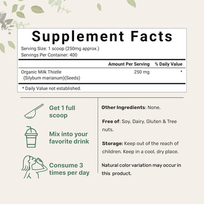 Organic Milk Thistle Powder, 3.5 oz (400 Servings) | Herbal Liver Support Milk Thistle Supplement | Liver Detox & Antioxidant Support | Contains Active Silymarin | Non-GMO, Vegan Friendly