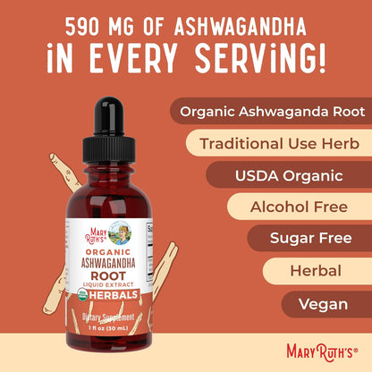 USDA Organic Ashwagandha Root Liquid Drops by MaryRuth's | Adaptogenic, Nervine, Neuroprotective | May Help Alleviate Stress & Regulate Homeostasis | Non-GMO, Vegan, 1oz