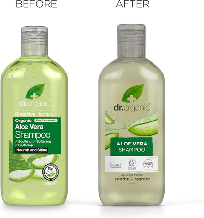 Dr Organic Aloe Vera Shampoo, Soothing, All Hair Types, Natural, Vegan, Cruelty-Free, Paraben & SLS-Free, Recyclable & Recycled Ocean Bound Plastic, Certified Organic, 265ml, Packaging may vary