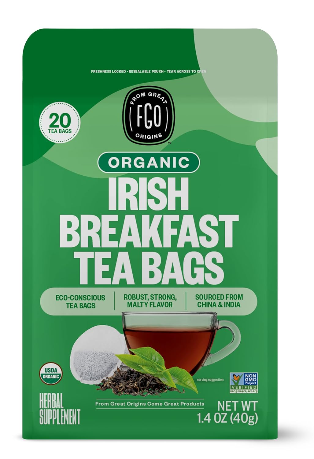 FGO Organic Nettle Leaf Tea, 100 Count, Eco-Conscious Tea Bags, Caffeine Free, Resealable Bag, Packaging May Vary (Pack of 1)