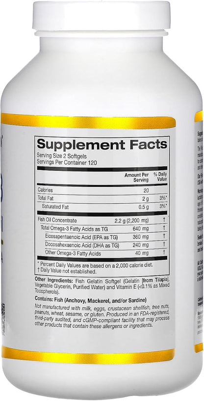 Omega-3 Premium Fish Oil by California Gold Nutrition, Concentrated Formula with EPA & DHA, Support for Optimal Lipid Profile & Immune System, Gluten Free, Non-GMO, 100 Fish Gelatin Softgels