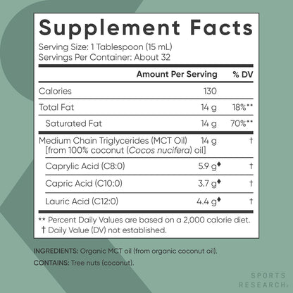 Sports Research Keto MCT Oil from Organic Coconuts - Fatty Acid Fuel for Body + Brain - Single Ingredient C8 Caprylic Acid - Perfect in Coffee, Tea, & More - Non-GMO & Vegan - Unflavored (16 Oz)
