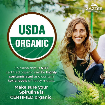 Zazzee Organic Spirulina Powder, 2.2 Pounds (1 KG), USDA Certified, 303 Servings, 100% Pure, Non-Irradiated, Mess-Free Wide Mouth Container, Fresh Smell and Neutral Taste, Vegan, Non-GMO, Gluten-Free