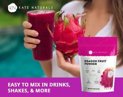 Kate Naturals Dragon Fruit Powder for Baking & Drink (4oz). Vegan, Gluten Free Dried Dragon Fruit Pink Pitaya Powder for Dragon Fruit Syrup. Dragonfruit Pitaya Powder for Smoothie & Food Coloring