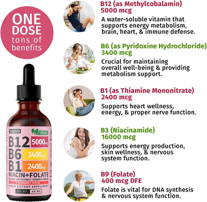 Vitamin B12 and B6 Liquid Drops, B12 Sublingual Vitamin B Complex - B 12 Vitamin 5000mcg - B12 Methylcobalamin for Energy, Brain, and Heart Support with 27,200 mcg, Raspberry, 40 Servings