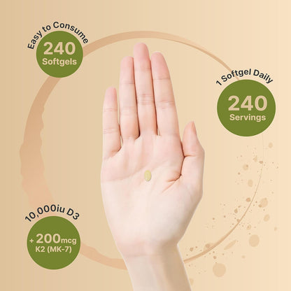 NatureBell Vitamin D3 10,000 IU + K2 200 mcg, 240 Softgels | Daily High Potency Formula with Coconut Oil | Bone, Heart & Immune Support | MK-7 Form | Non-GMO