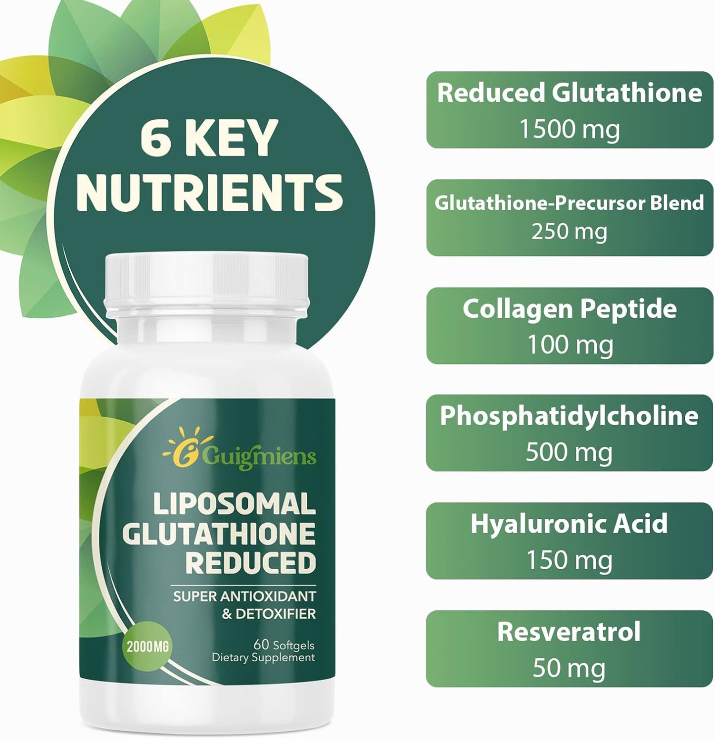 Liposomal Glutathione 2000 MG, 10x Better Absorption, Glutathione Supplement with Hyaluronic Acid + Collagen Peptide + Resveratrol, Powerful Antioxidant, Health Aging, Immune Health, 120 Count