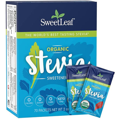 SweetLeaf Organic Stevia Packets - Zero Calorie Stevia Powder, No Bitter Aftertaste, Sugar Substitute for Keto Coffee, Nothing Artificial, Non-GMO Stevia Sweetener Packets, 70 Count