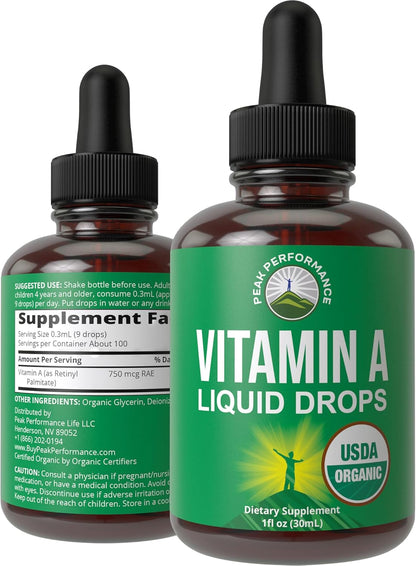 USDA Organic Vitamin A Liquid Drops Supplement - Vegan High Bioavailability for Eye, Skin + Bone Health - for Adults, Men, Women, Kids - Vit A Oil Retinyl Palmitate - Gluten Free, Zero Sugar 1 fl oz