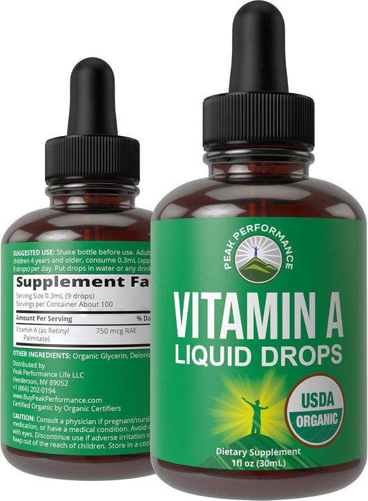 USDA Organic Vitamin A Liquid Drops Supplement - Vegan High Bioavailability for Eye, Skin + Bone Health - for Adults, Men, Women, Kids - Vit A Oil Retinyl Palmitate - Gluten Free, Zero Sugar 1 fl oz