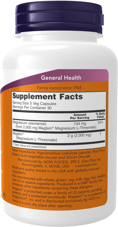 NOW Foods Supplements, Magtein™ with patented form of Magnesium (Mg), Cognitive Support*, 90 Veg Capsules