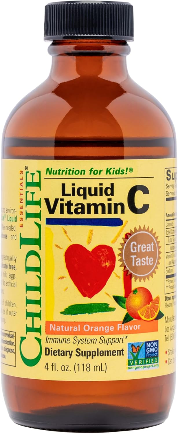CHILDLIFE ESSENTIALS Liquid Vitamin C - Pure Vitamin C Liquid Supplement for Kids, Toddlers, & Babies, Immune System Support, Low Sugar, Natural Orange Flavor - 4 Fl Oz (Pack of 1)