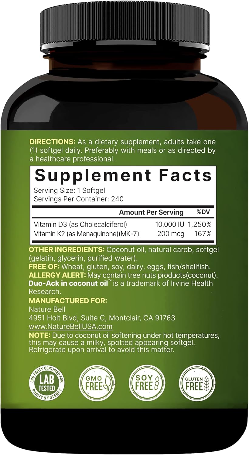 NatureBell Vitamin D3 10,000 IU + K2 200 mcg, 240 Softgels | Daily High Potency Formula with Coconut Oil | Bone, Heart & Immune Support | MK-7 Form | Non-GMO