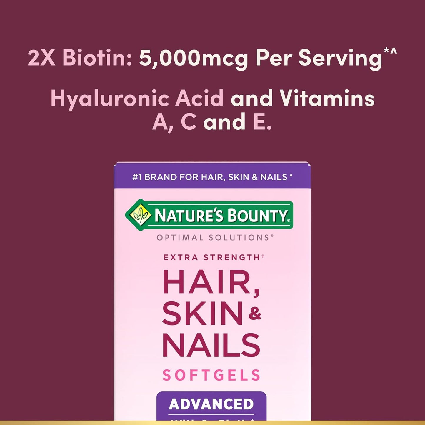 Nature's Bounty Advanced Hair, Skin & Nails, Argan-Infused Vitamin Supplement with Biotin and Hyaluronic Acid, 150 Rapid Release Softgels