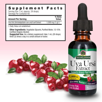 Nature's Answer Uva Ursi Leaf Liquid Drops with Organic Alcohol, 1000mg, 1-Fluid Ounce | Urinary Tract Support | Supports Nephrotic System Function | Vegan, Non-GMO | Single Count