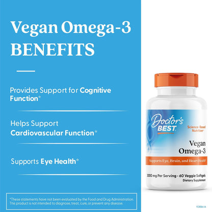 Doctor's Best Vegan Omega-3 EPA + DHA, Supports Eye, Brain, and Heart Health, Non-GMO, Gluten Free, Vegan, 60 Veggie Softgels