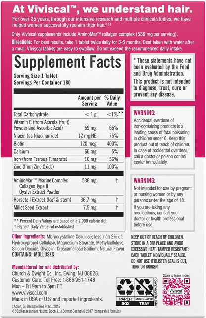 Viviscal Hair Growth Supplements For Women For Thicker, Fuller Hair, Nourishes Thinning & Loss, With Proprietary Collagen Complex, 180 Tablets, 3 Month Supply