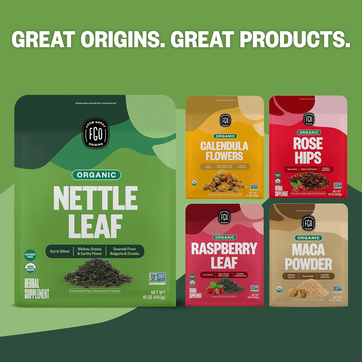 FGO Organic Nettle Leaf Tea, 100 Count, Eco-Conscious Tea Bags, Caffeine Free, Resealable Bag, Packaging May Vary (Pack of 1)