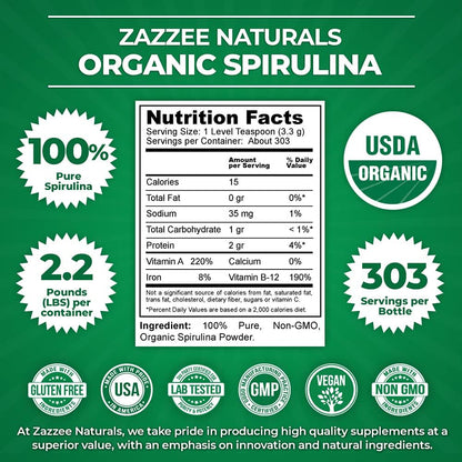 Zazzee Organic Spirulina Powder, 2.2 Pounds (1 KG), USDA Certified, 303 Servings, 100% Pure, Non-Irradiated, Mess-Free Wide Mouth Container, Fresh Smell and Neutral Taste, Vegan, Non-GMO, Gluten-Free