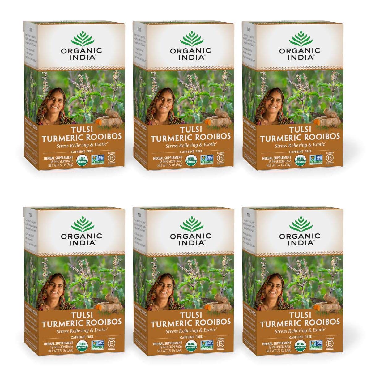 ORGANIC INDIA Tulsi Moringa Tea Bags - Holy Basil, Lemongrass, Moringa Leaves, Stress Relieving & Nourishing, Immune Support Tea, Vegan, Certified Organic, Caffeine-Free - 18 Infusion Bags, 6 Pack