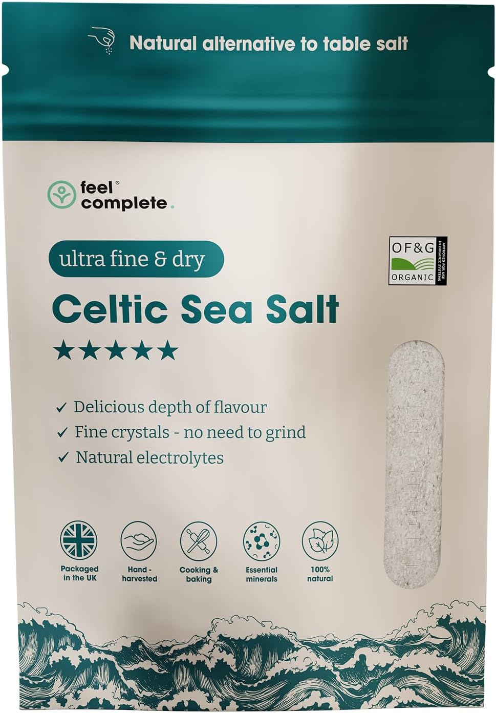 Feel Complete | 800g Ultra Fine & Dry Celtic Sea Salt Powder | No Need To Grind | Organic Approved | Essential Minerals & Electrolytes | Natural Alternative to Table Salt | Lab Tested