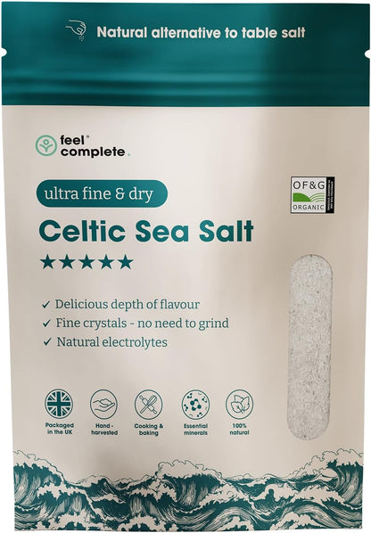 Feel Complete | 800g Ultra Fine & Dry Celtic Sea Salt Powder | No Need To Grind | Organic Approved | Essential Minerals & Electrolytes | Natural Alternative to Table Salt | Lab Tested