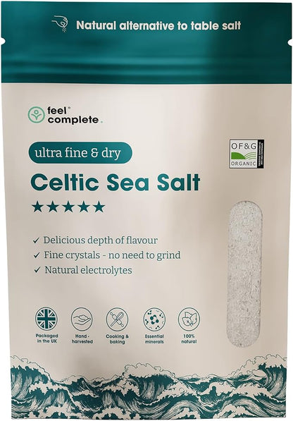 Feel Complete | 800g Ultra Fine & Dry Celtic Sea Salt Powder | No Need To Grind | Organic Approved | Essential Minerals & Electrolytes | Natural Alternative to Table Salt | Lab Tested