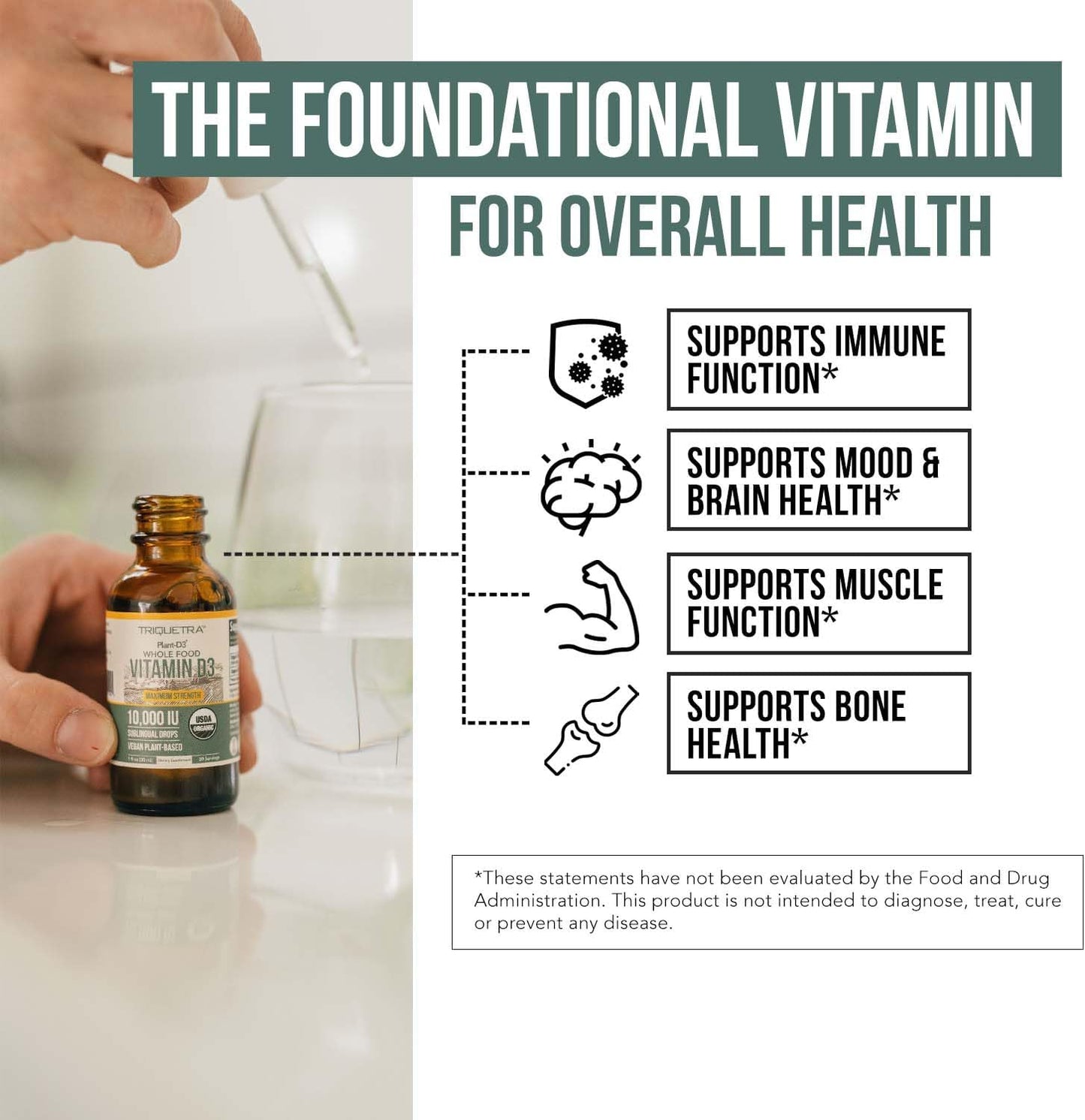 Organic Vitamin D3 10,000 IU - Plant D3, Vegan, Max Strength Sublingual Liquid D3 Drops - 200% Higher Absorption, 100% Plant-Based Cholecalciferol Form & Vegan D3, Adjustable Dosing (30 Servings)