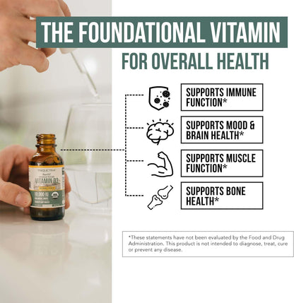 Organic Vitamin D3 10,000 IU - Plant D3, Vegan, Max Strength Sublingual Liquid D3 Drops - 200% Higher Absorption, 100% Plant-Based Cholecalciferol Form & Vegan D3, Adjustable Dosing (30 Servings)