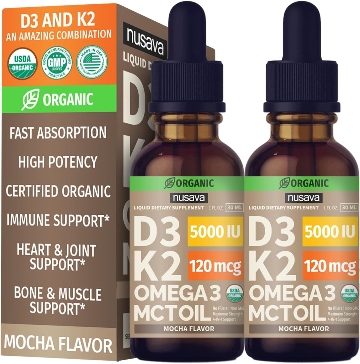 (1 Pack) Organic Vitamin D3 K2 Drops w MCT Oil Omega 3, 5000 IU, Vitamin D Liquid 5000 IU, No Fillers, Non-GMO Liquid D3 for Body’s Defenses & Faster Absorption, Unflavored, 2 Fl Oz Liquid Vitamin D3