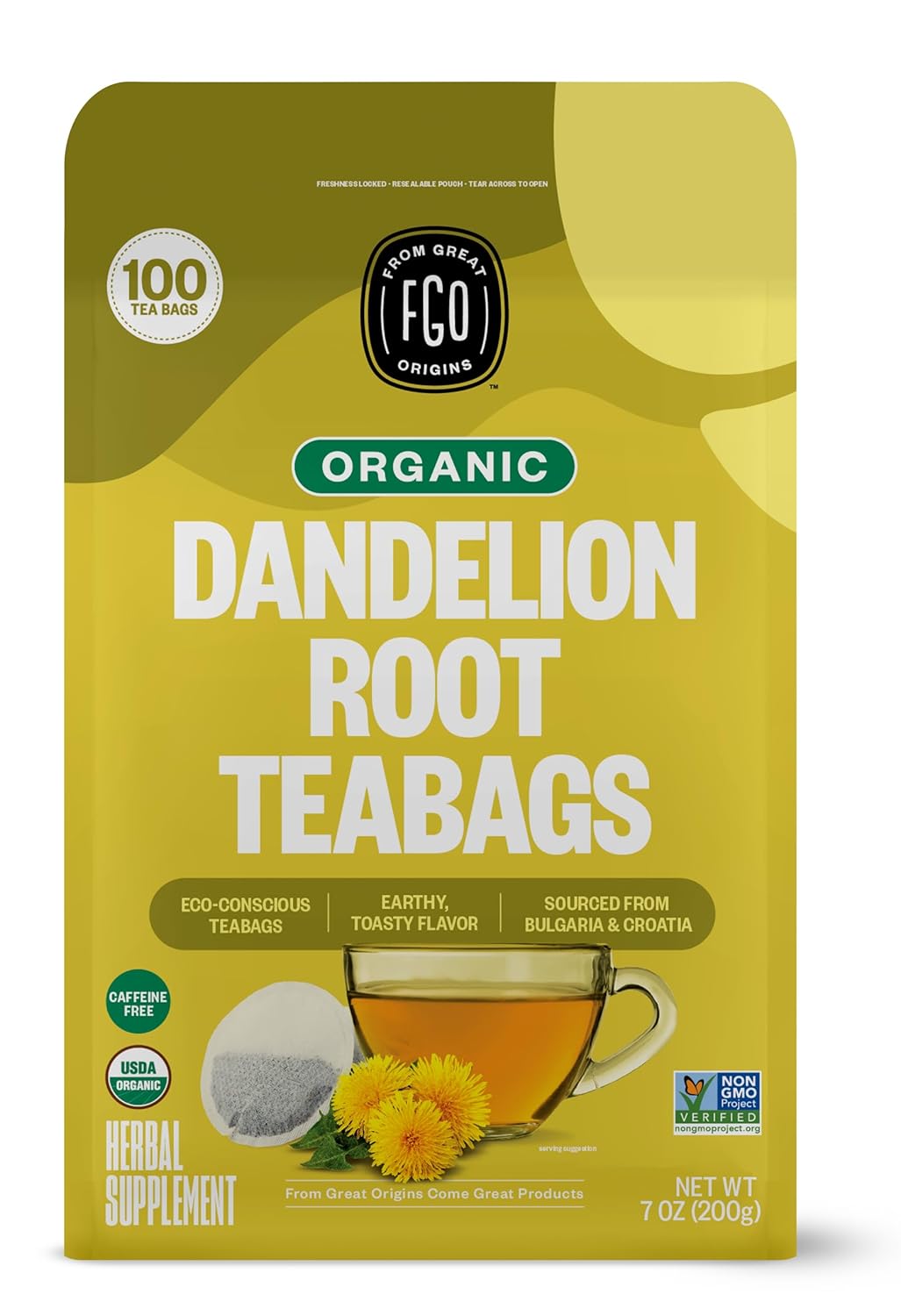 FGO Organic Nettle Leaf Tea, 100 Count, Eco-Conscious Tea Bags, Caffeine Free, Resealable Bag, Packaging May Vary (Pack of 1)