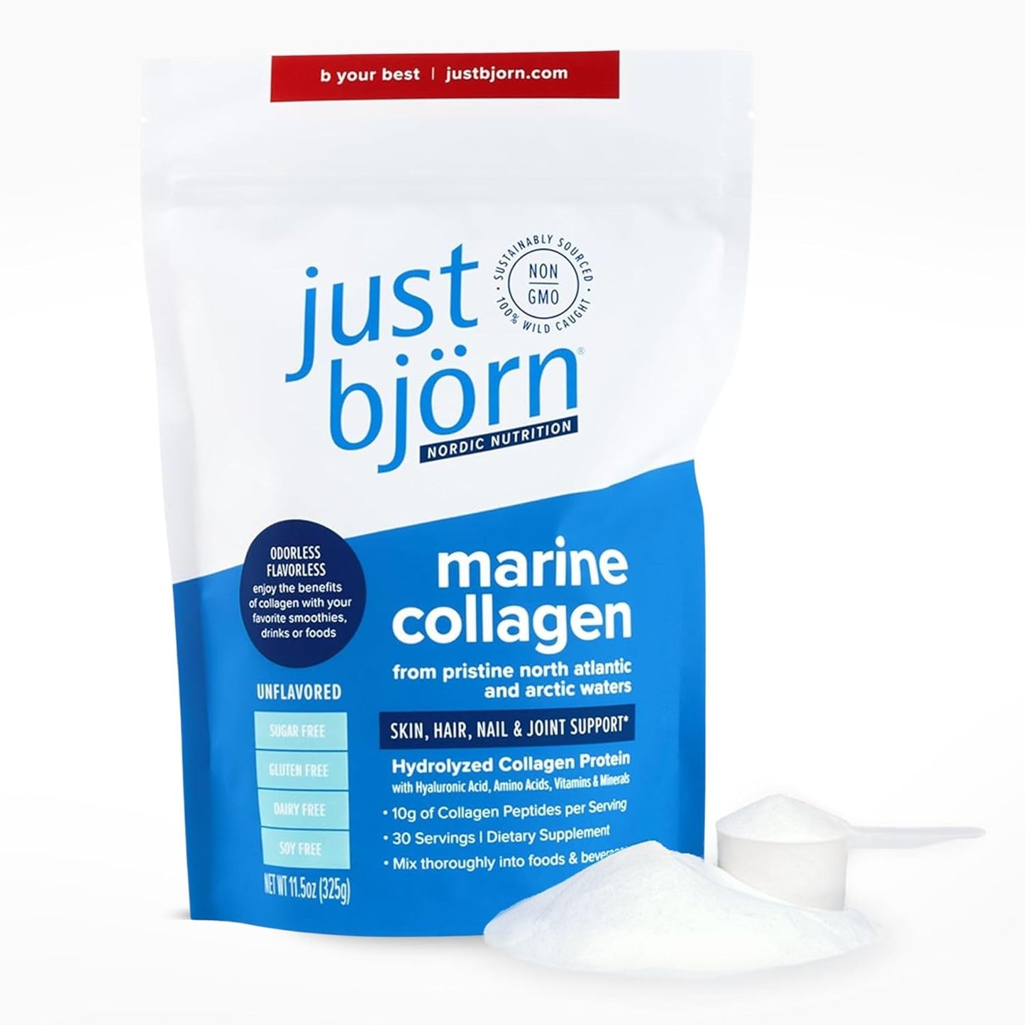 Just Bjorn Marine Collagen Peptides Powder On-The-Go Stick Packs - Collagen Powder for Women & Men - Skin, Hair, Nail & Joint Support - Hyaluronic Acid, Vitamin C, Amino Acids - Unflavored (10 Pack)