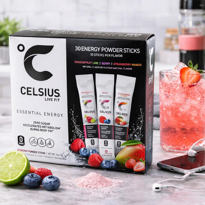 Celsius Essential Energy Zero Sugar Powdered Drink Mix, Variety Pack, 60 Packets - (2) 30-ct Boxes, Dragonfruit Lime, Berry, Strawberry Mango, with Galley Grove Sugar-Free Breath Mints