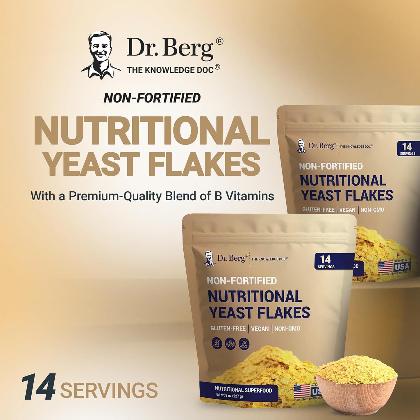 Dr. Berg's Premium Nutritional Yeast Flakes| Gluten Free & Non-GMO | Nutritional Yeast with B Vitamins | Keto & Vegan-Friendly Nutritional Yeast | 8oz