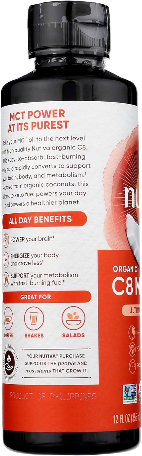 Nutiva Organic MCT Oil C8. 12 Fl Oz. Unflavored Medium Chain Triglycerides from Non-GMO Coconut. Ultimate Keto Fuel, Pure MCT Oil for Coffee, Low Carb, Energy and Metabolism Support