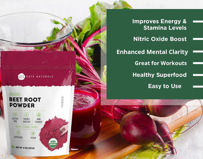 Kate Naturals Beet Root Powder Organic for Smoothie & Energy Boost. Nitric Oxide Supplement for Workout (8oz, Earth Flavor, Mix with Juice Easily)