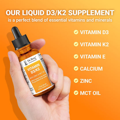Dr. Berg Liquid Vitamin D3 & K2 Supplement with Zinc - for Bone, Teeth, Mood & Immune Health* - Vitamin D3 & K2 Drops for Adults - 1 fl oz