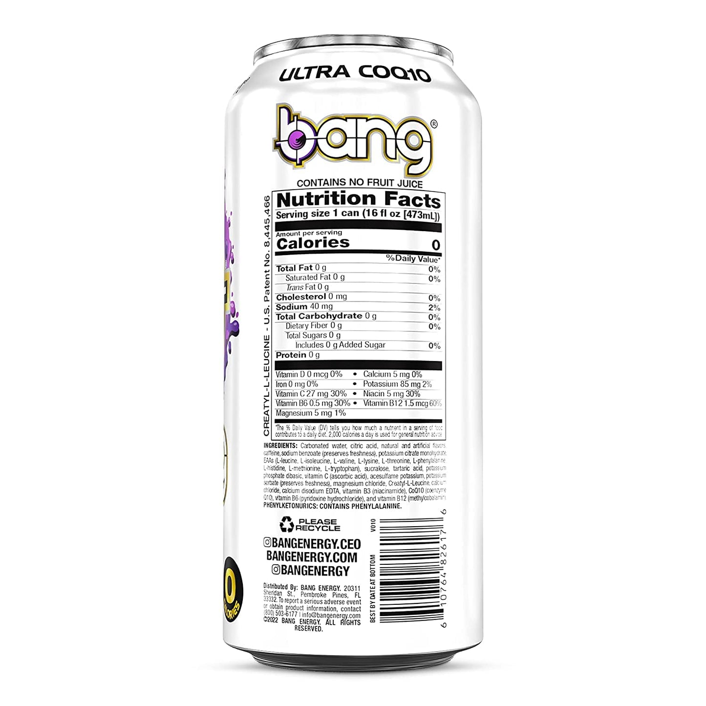 Bang Energy Nectarine Blueberry, Sugar-Free Energy Drink , 16-Ounce.