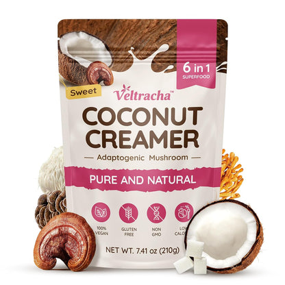 Veltracha Mushroom Coconut Coffee Creamer, Coffee Mate Creamer Powder with Pure Coconut Extract and 6 Adaptogenic Mushroom, Superfood Creamer Vegan & Unsweetened, 7.41oz (30 Servings), Mocha