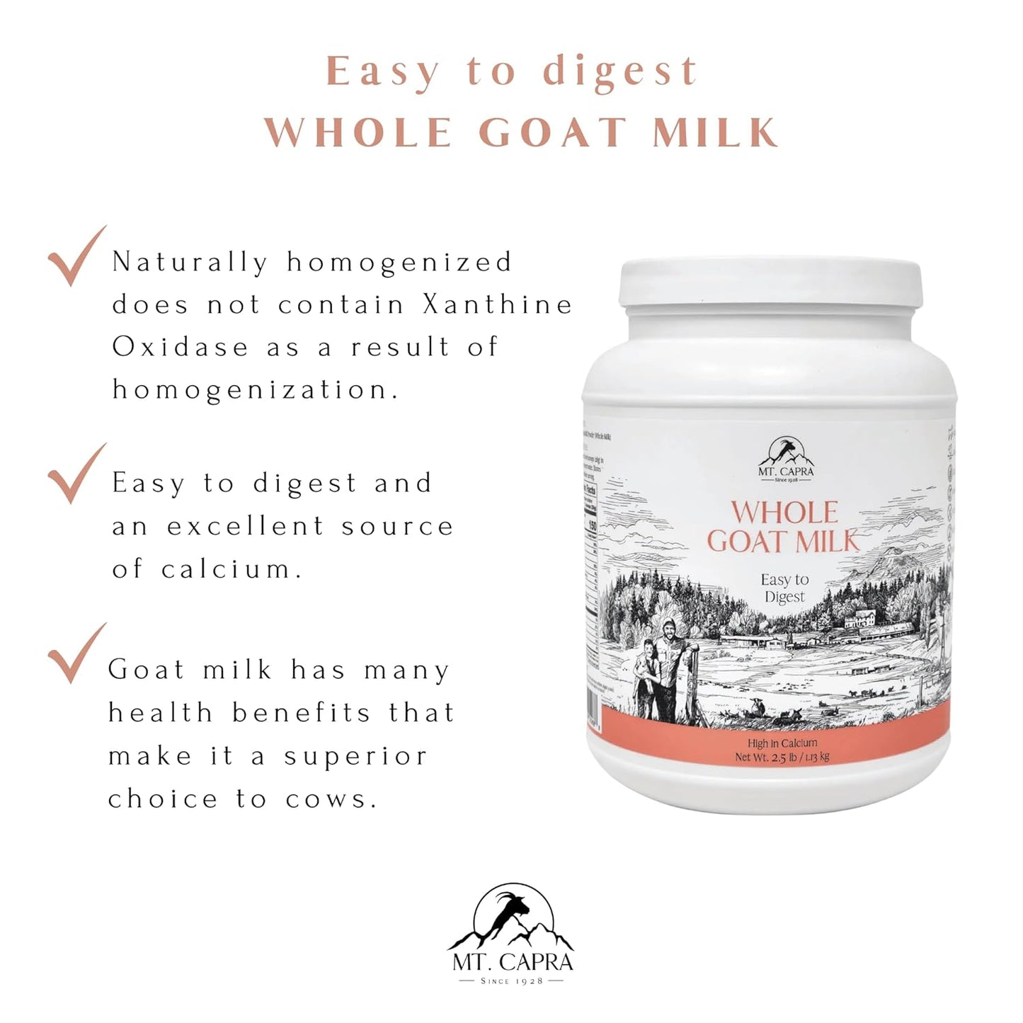 Mt. Capra Whole Goat Milk | Powder from Non-GMO, Grass-Fed Goats, Creamy, Great Tasting, Easy to Digest, A2 Milk | 40 Servings - 2.5 Pounds