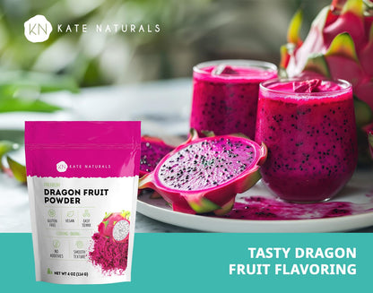 Kate Naturals Dragon Fruit Powder for Baking & Drink (4oz). Vegan, Gluten Free Dried Dragon Fruit Pink Pitaya Powder for Dragon Fruit Syrup. Dragonfruit Pitaya Powder for Smoothie & Food Coloring